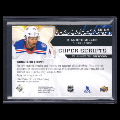 2021-22 UD SPx K'ANDRE MILLER #SS-KM Super Scripts Autograph - New York Rangers