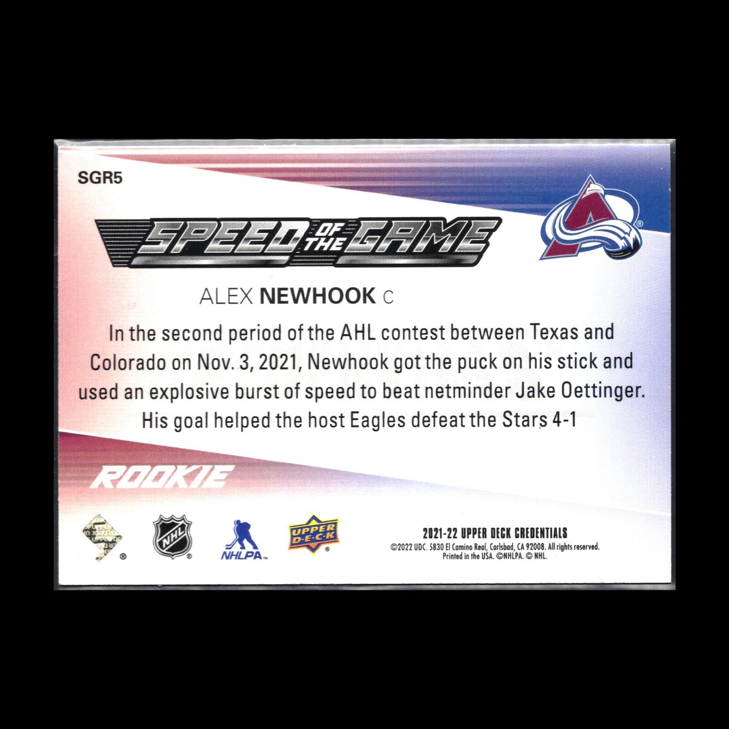 2021-22 UD Credentials ALEX NEWHOOK #SGR5 Speed of the Game RC