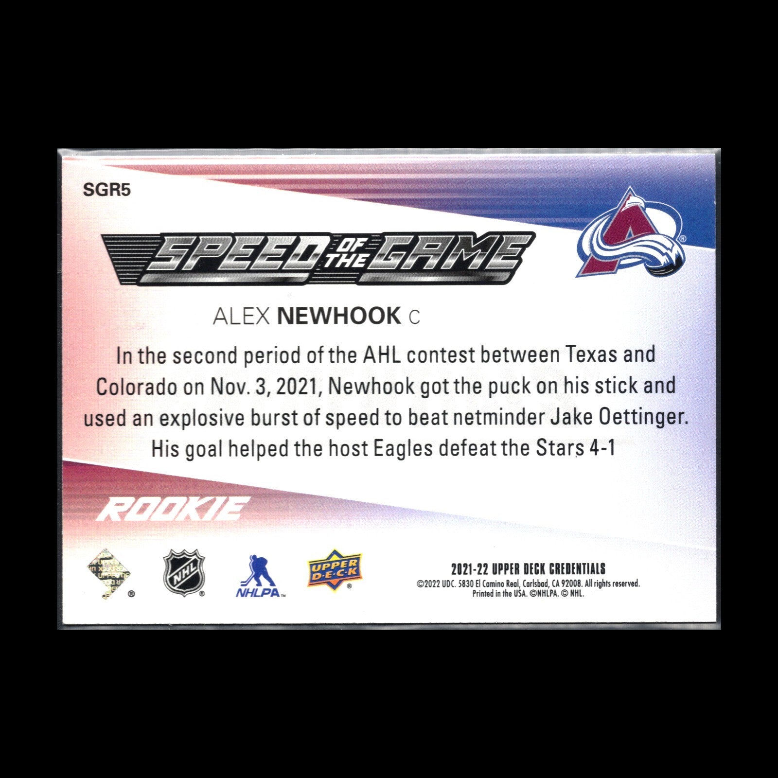 2021-22 UD Credentials ALEX NEWHOOK #SGR5 Speed of the Game RC