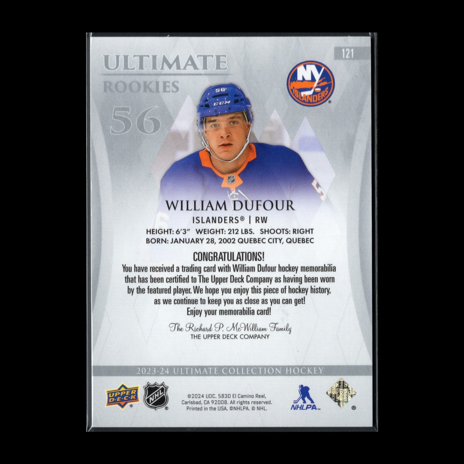 2023-24 UD Ultimate Collection WILLIAM DUFOUR #121 Rookies Jersey RC /599