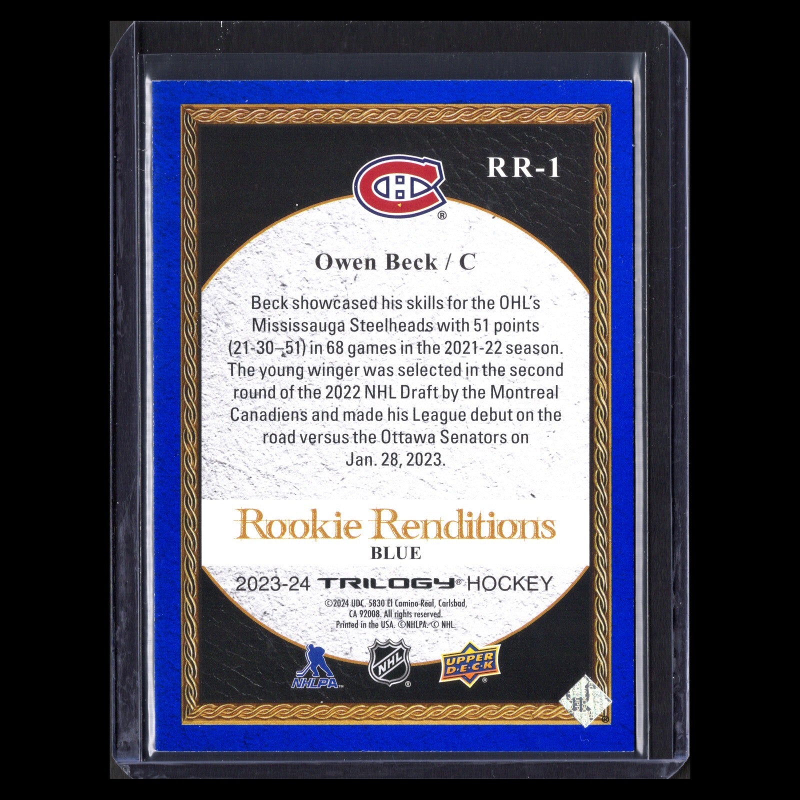 2023-24 UD Trilogy OWEN BECK #RR-1 Rookie Renditions Blue /499 - MTL Canadiens
