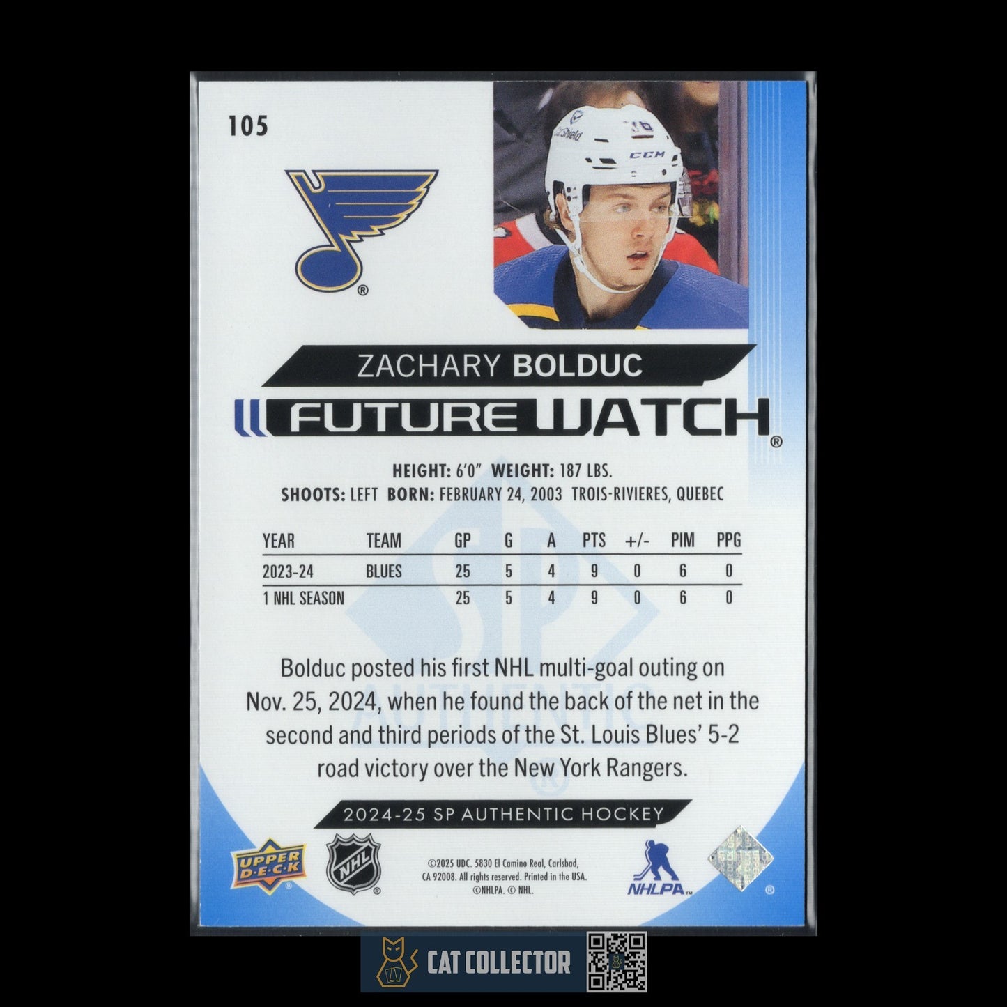 2024-25 UD SP Authentic ZACHARY BOLDUC #105 Future Watch Limited Blue RC /399