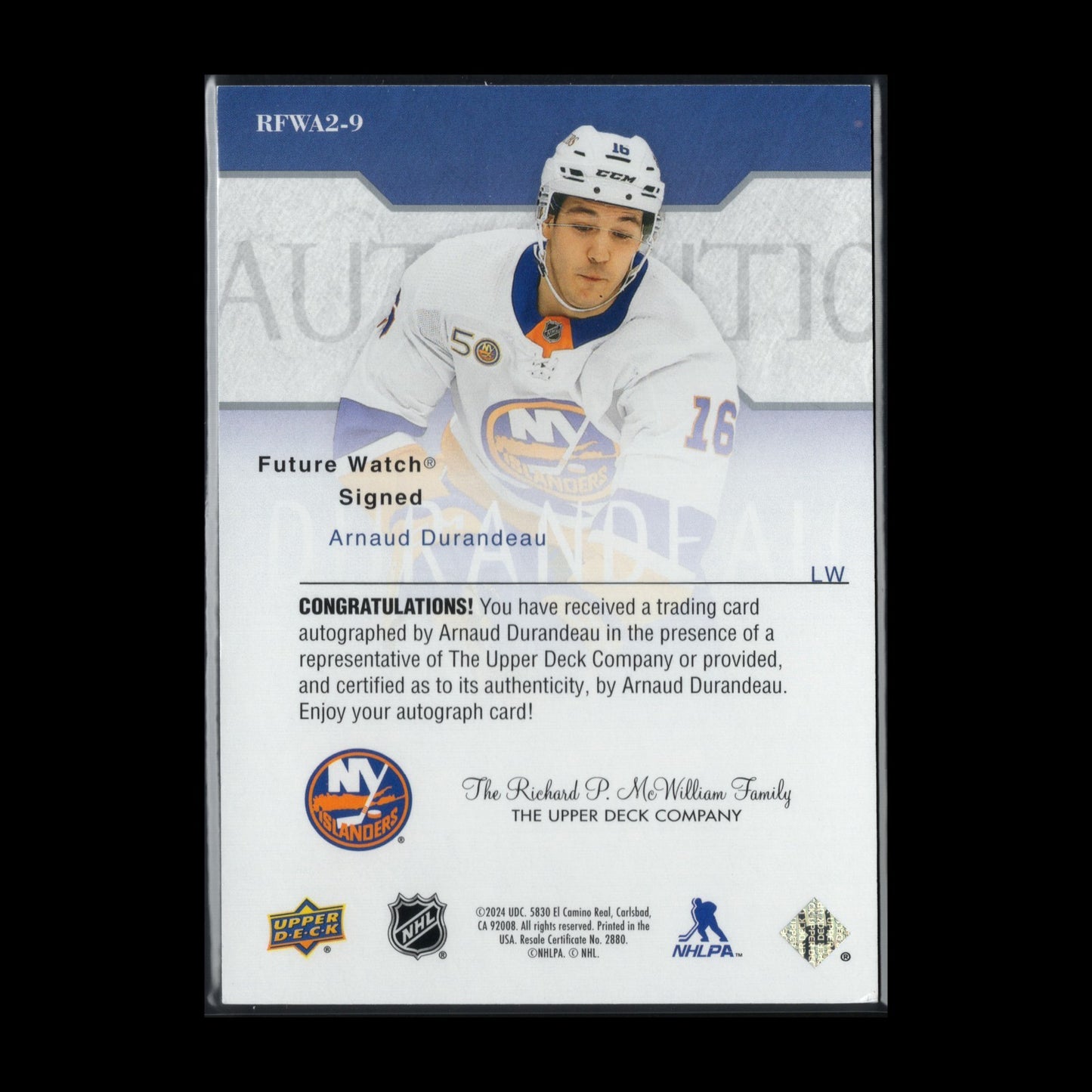 2023-24 SP Authentic ARNAUD DURANDEAU #RFWA2-9 Retro Future Watch Auto Rookie RC