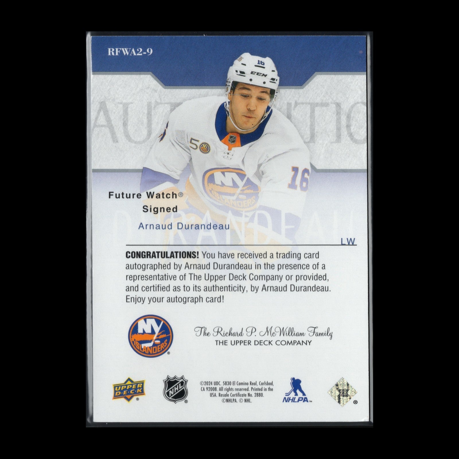 2023-24 SP Authentic ARNAUD DURANDEAU #RFWA2-9 Retro Future Watch Auto Rookie RC