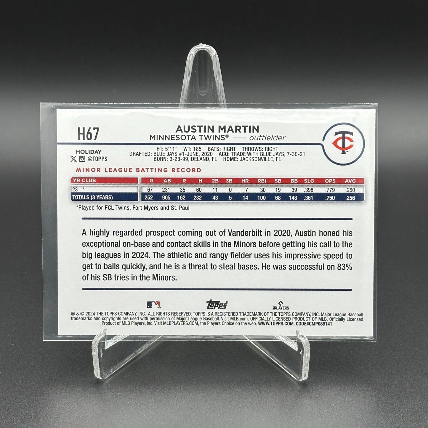 2024 Topps Holiday AUSTIN MARTIN #H67 RC - Minnesota Twins