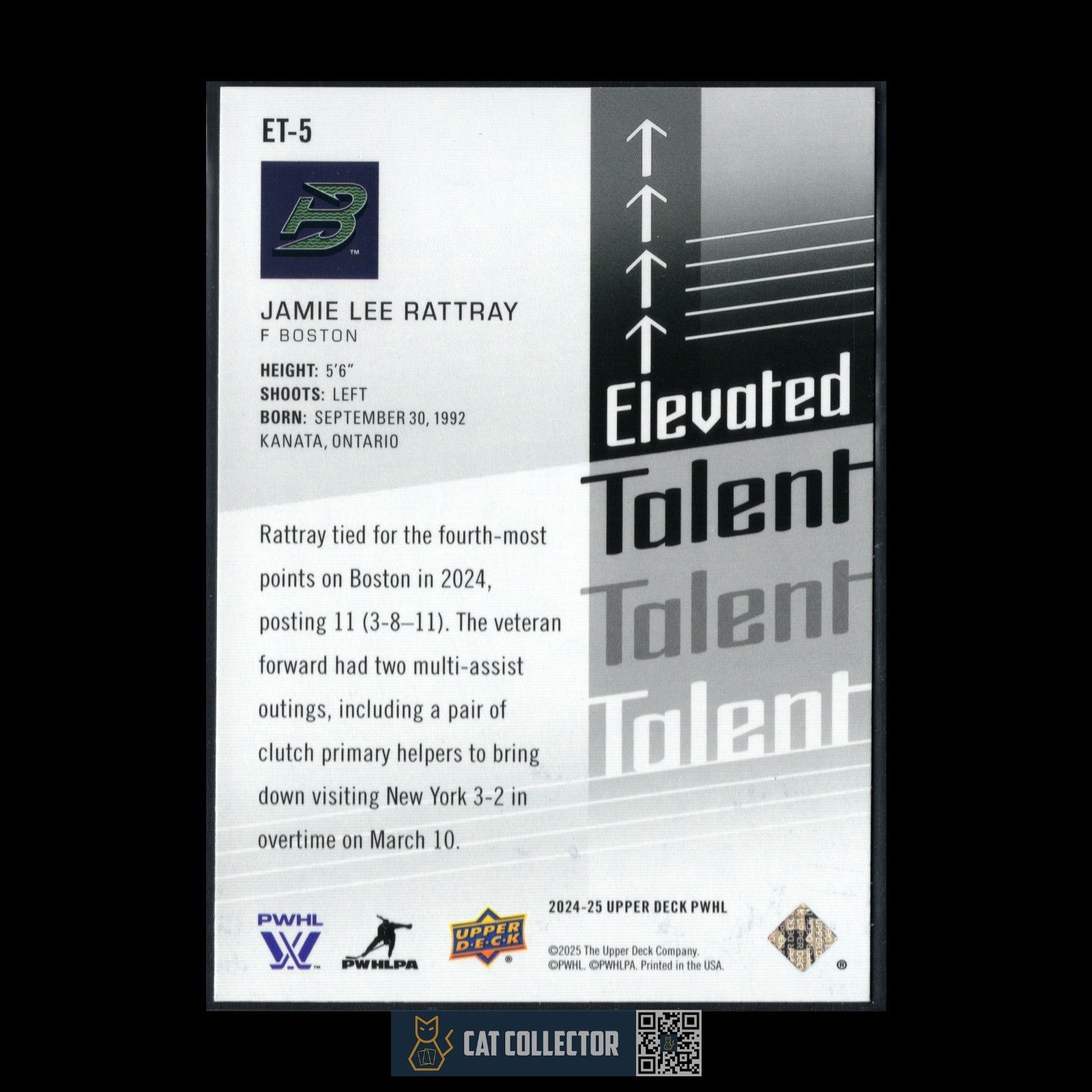 2024-25 Upper Deck PWHL JAMIE LEE RATTRAY #ET-5 Elevated Talent - Boston Fleet