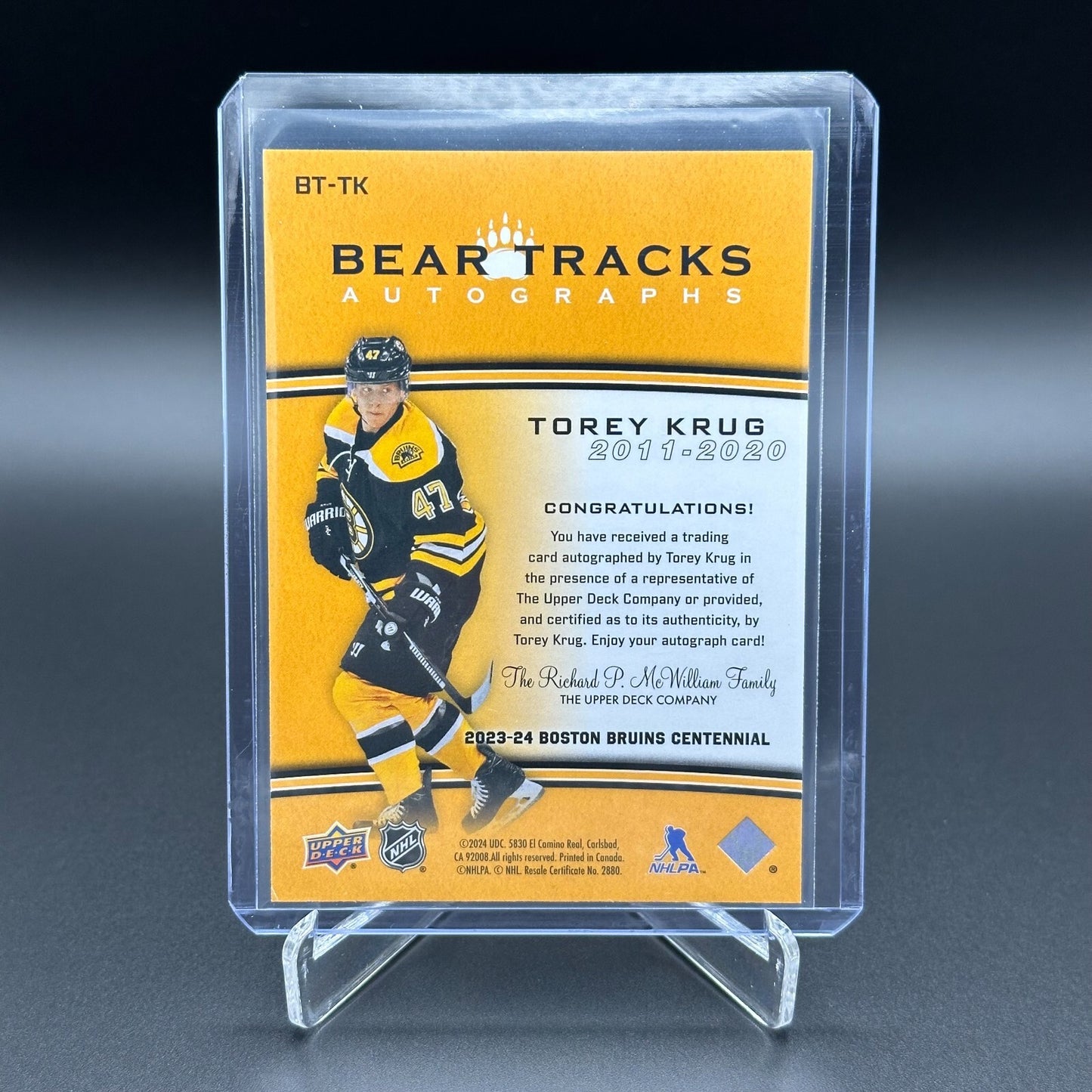 2023-24 UD Boston Bruins Centennial TOREY KRUG #BT-TK Bear Tracks Autograph