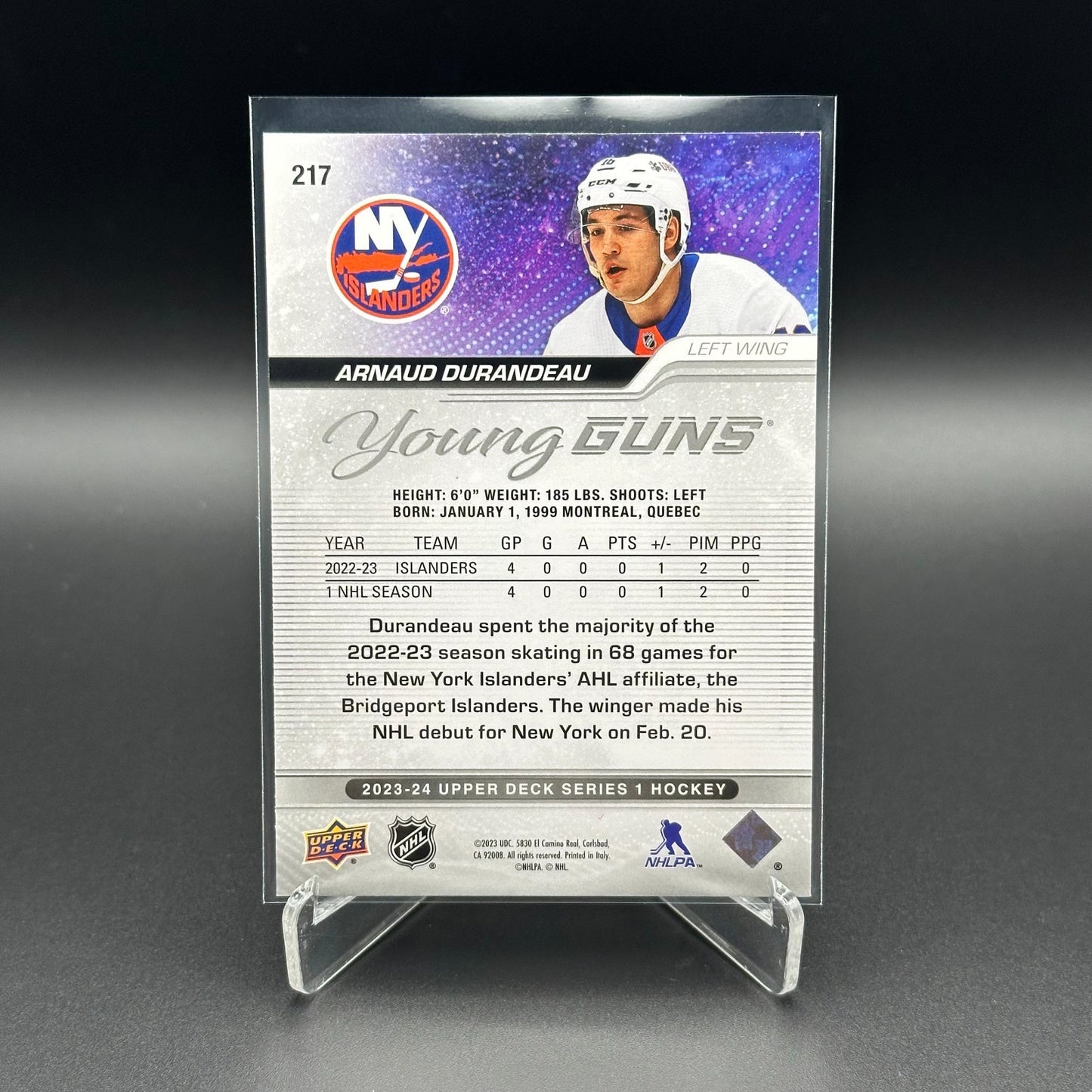 2023-24 UD Series 1 ARNAUD DURANDEAU #217 Young guns Exclusives RC /100