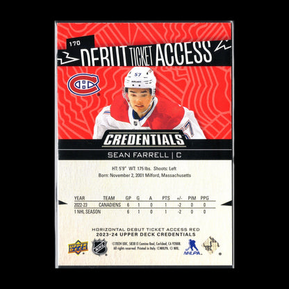 2023-24 UD Credentials SEAN FARRELL #170 Debut Ticket Access Red 109/125