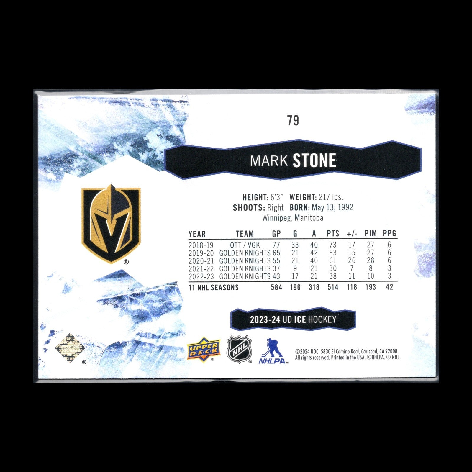 2023-24 UD Ice MARK STONE #79 Purple - Vegas Golden Knights