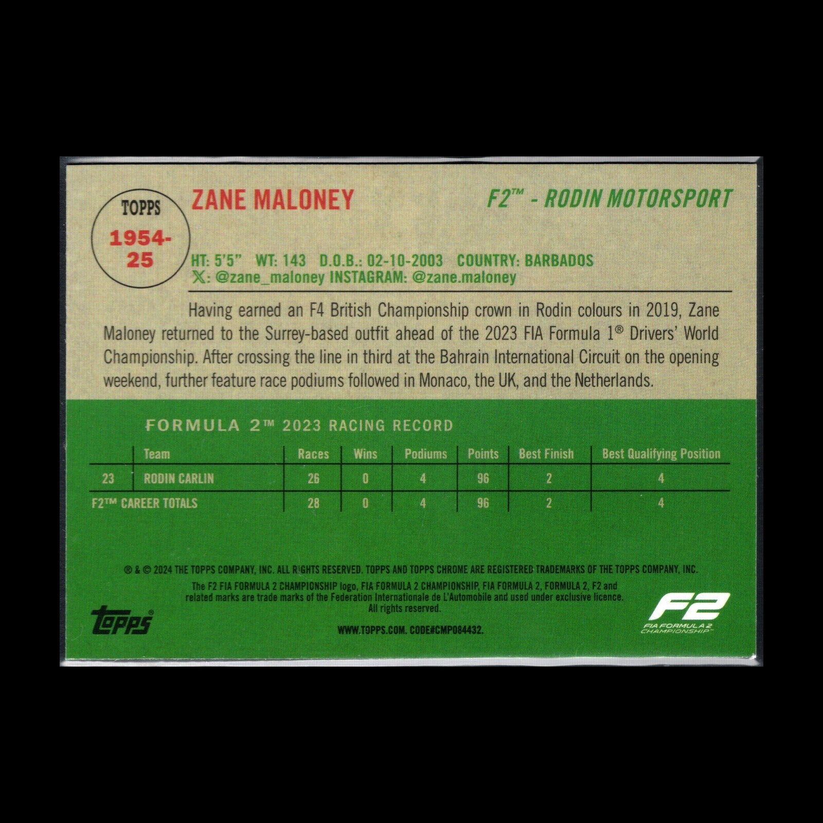 2024 Topps Chrome Formula 1 ZANE MALONEY #1954-25 F2 1954 Topps Retro