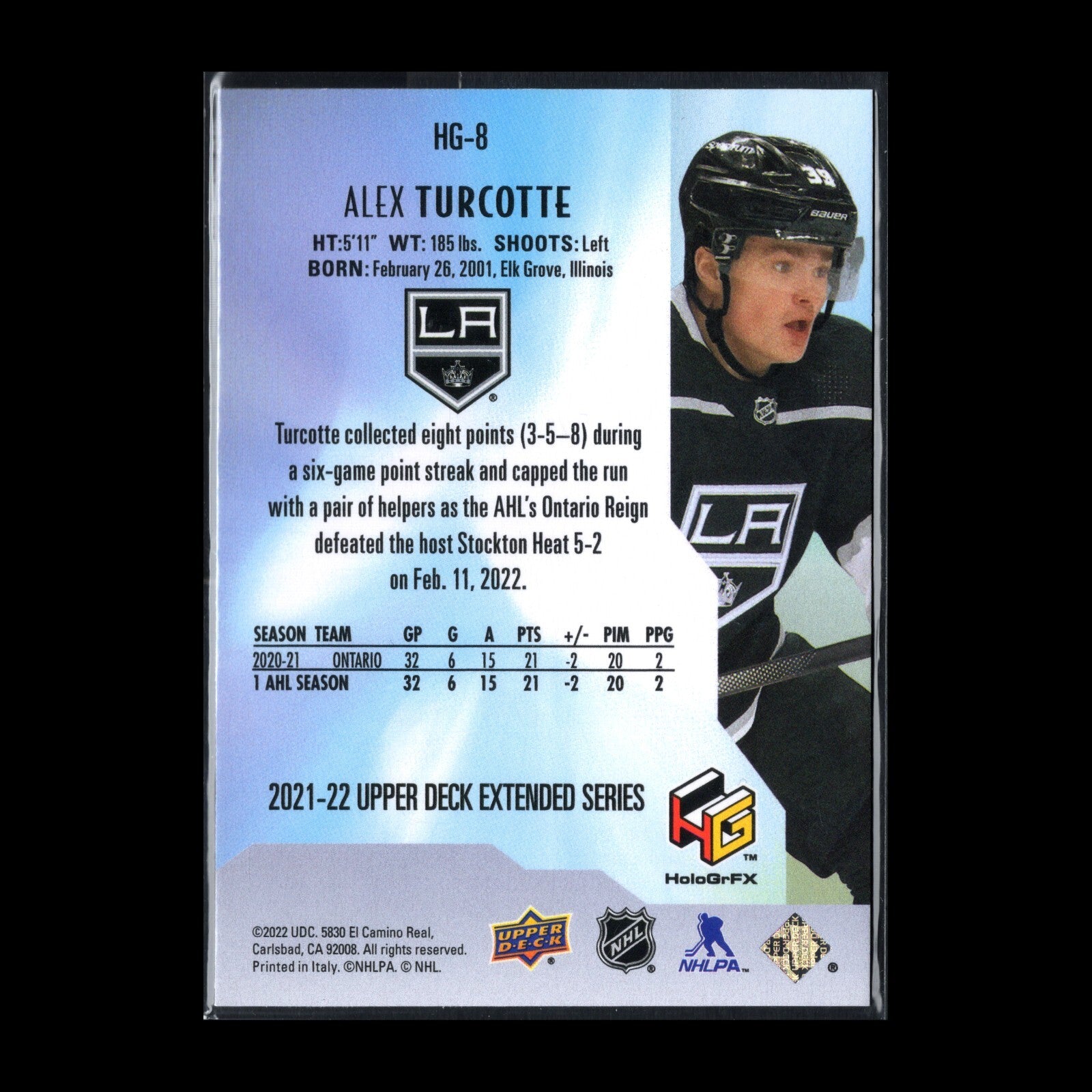 2021-22 UD Extended series ALEX TURCOTTE #HG-8 HoloGrFX - Los Angeles Kings