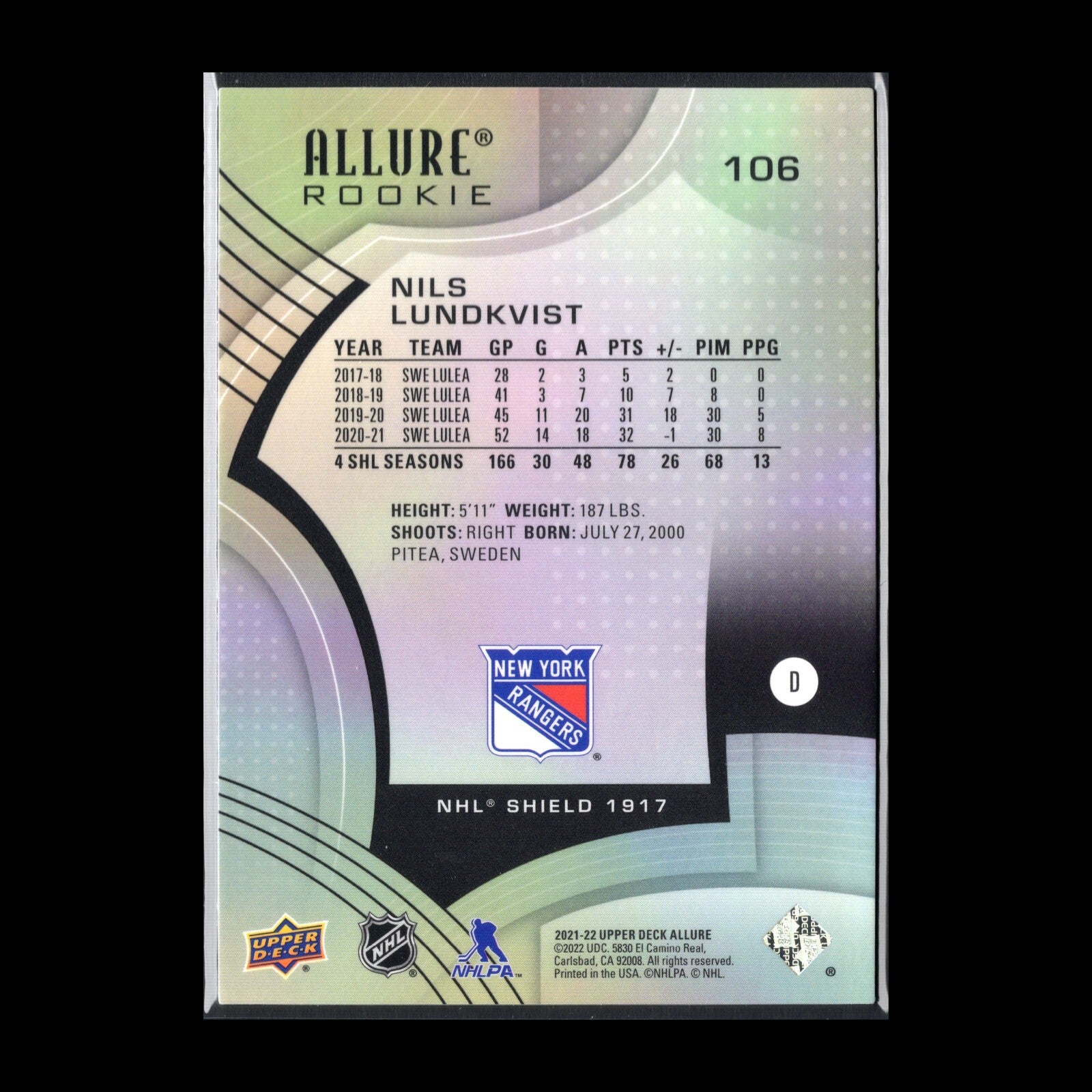 2021-22 UD Allure NILS LUNDKVIST #106 NHL Shield 1917 Rookie RC