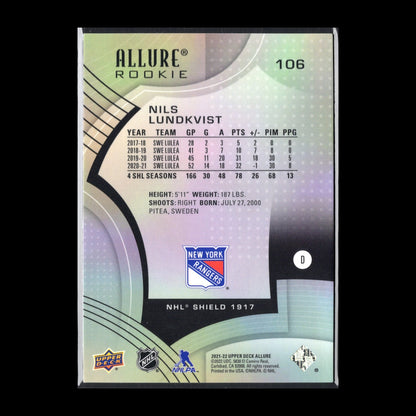 2021-22 UD Allure NILS LUNDKVIST #106 NHL Shield 1917 Rookie RC