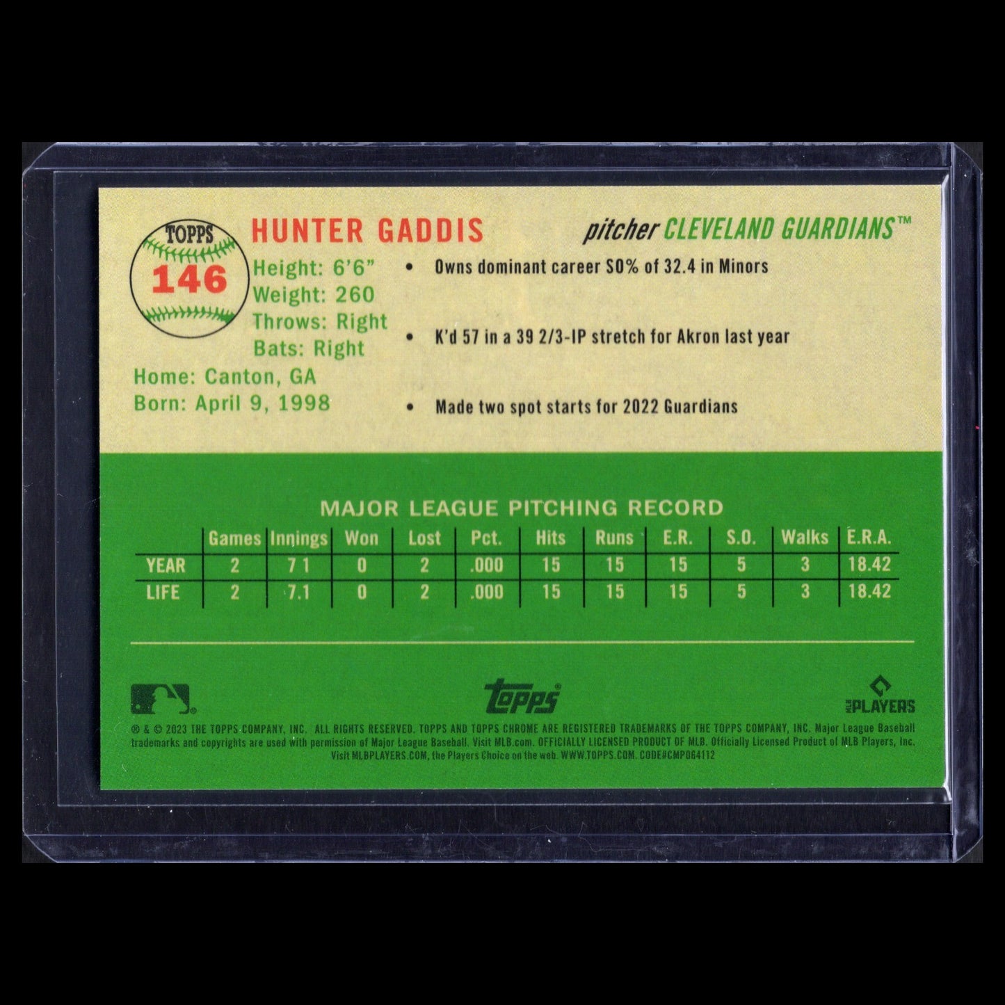 2023 Topps Chrome Platinum HUNTER GADDIS #146 Speckle Refractor RC /150