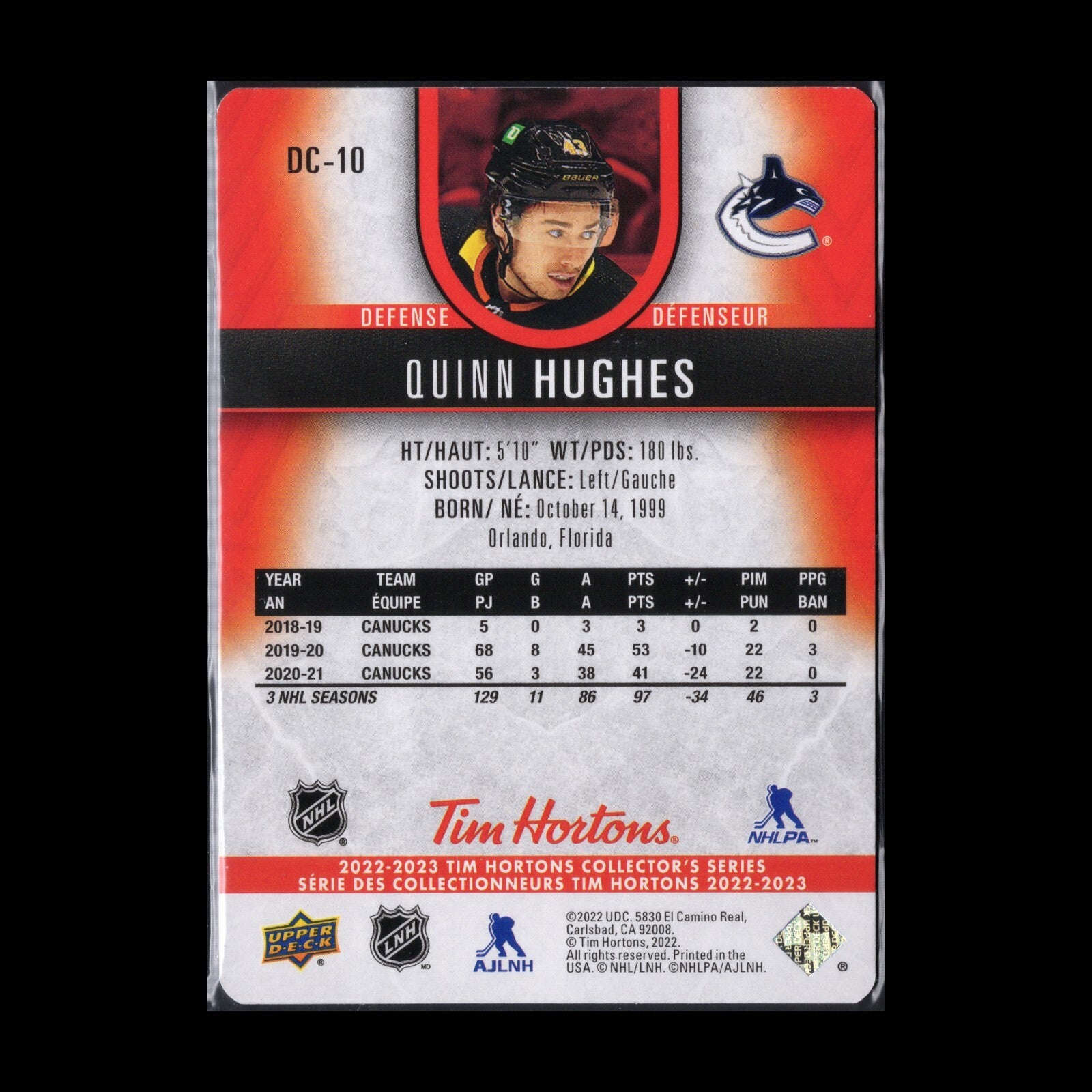 2022-23 UD Tim Hortons QUINN HUGHES #DC-10 Red Die-Cut - Vancouver Canucks