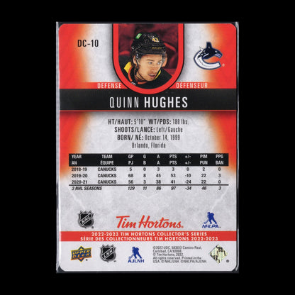2022-23 UD Tim Hortons QUINN HUGHES #DC-10 Red Die-Cut - Vancouver Canucks