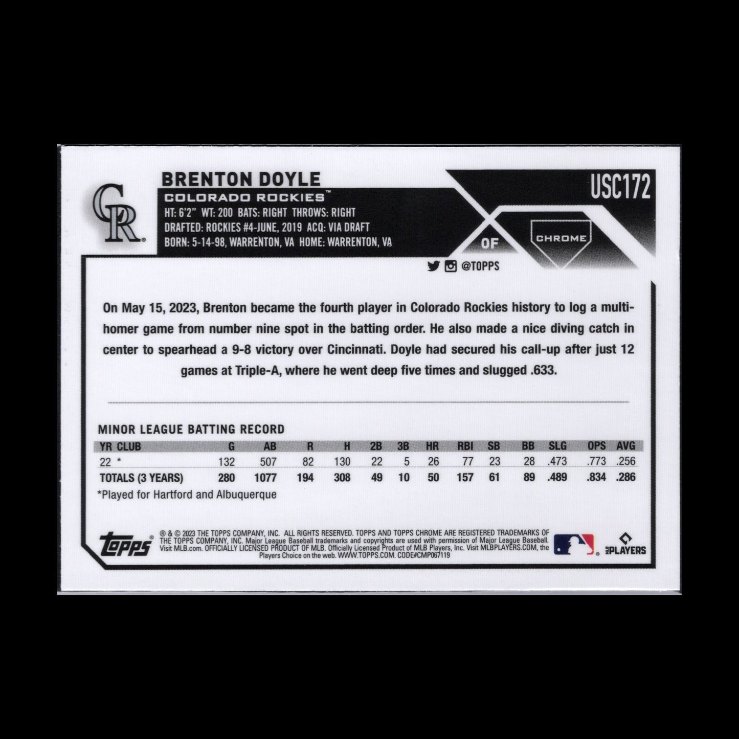 2023 Topps Chrome Updated Series BRENTON DOYLE #USC172 Rookie RC