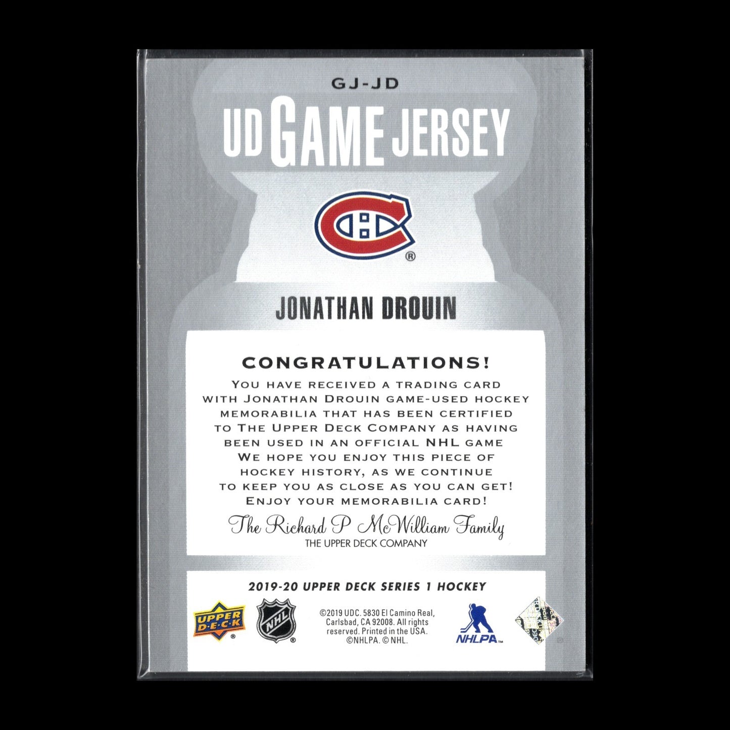 2019-20 UD Series 1 JONATHAN DROUIN #GJ-JD UD Game Jersey - MTL Canadiens