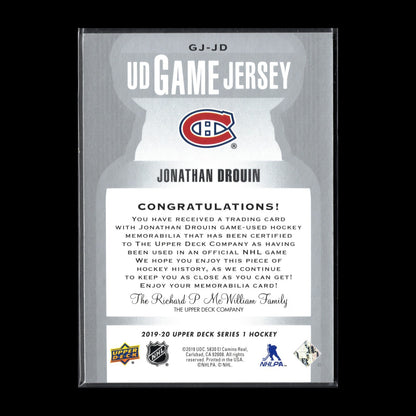 2019-20 UD Series 1 JONATHAN DROUIN #GJ-JD UD Game Jersey - MTL Canadiens
