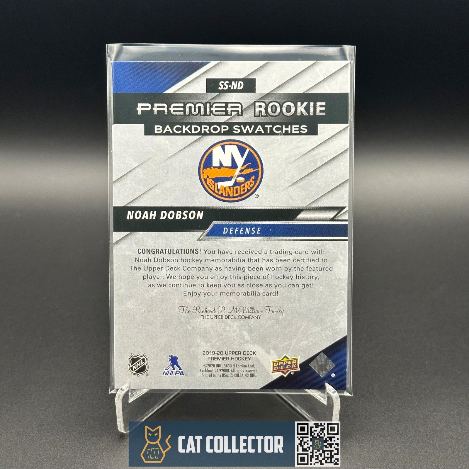 2019-20 UD Premier NOAH DOBSON #SS-ND Rookie Backdrop Swatches RC /99 Jersey