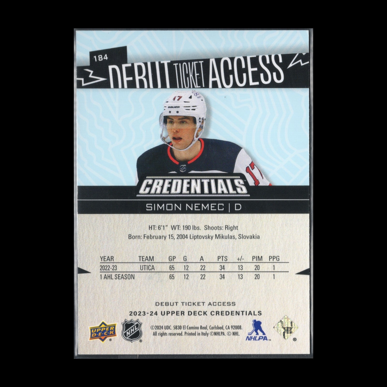 2023-24 UD Credentials SIMON NEMEC #184 Debut Ticket Access RC 349/599