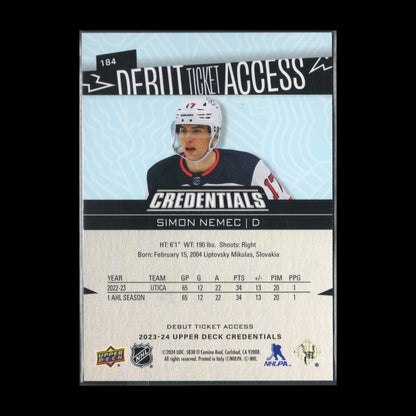 2023-24 UD Credentials SIMON NEMEC #184 Debut Ticket Access RC 349/599