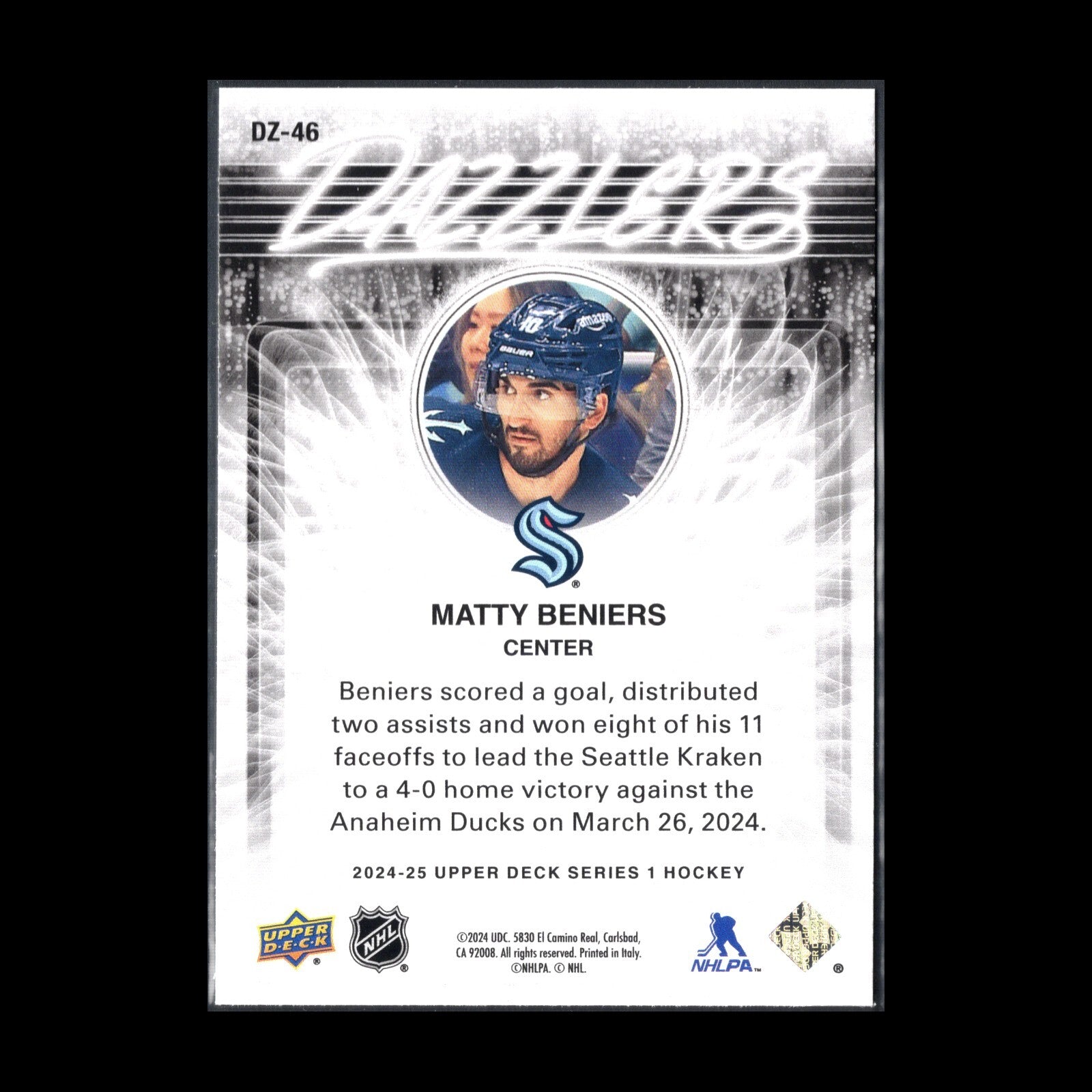 2024-25 UD Series 1 MATTY BENIERS #DZ-46 Dazzlers Blue - Seattle Kraken