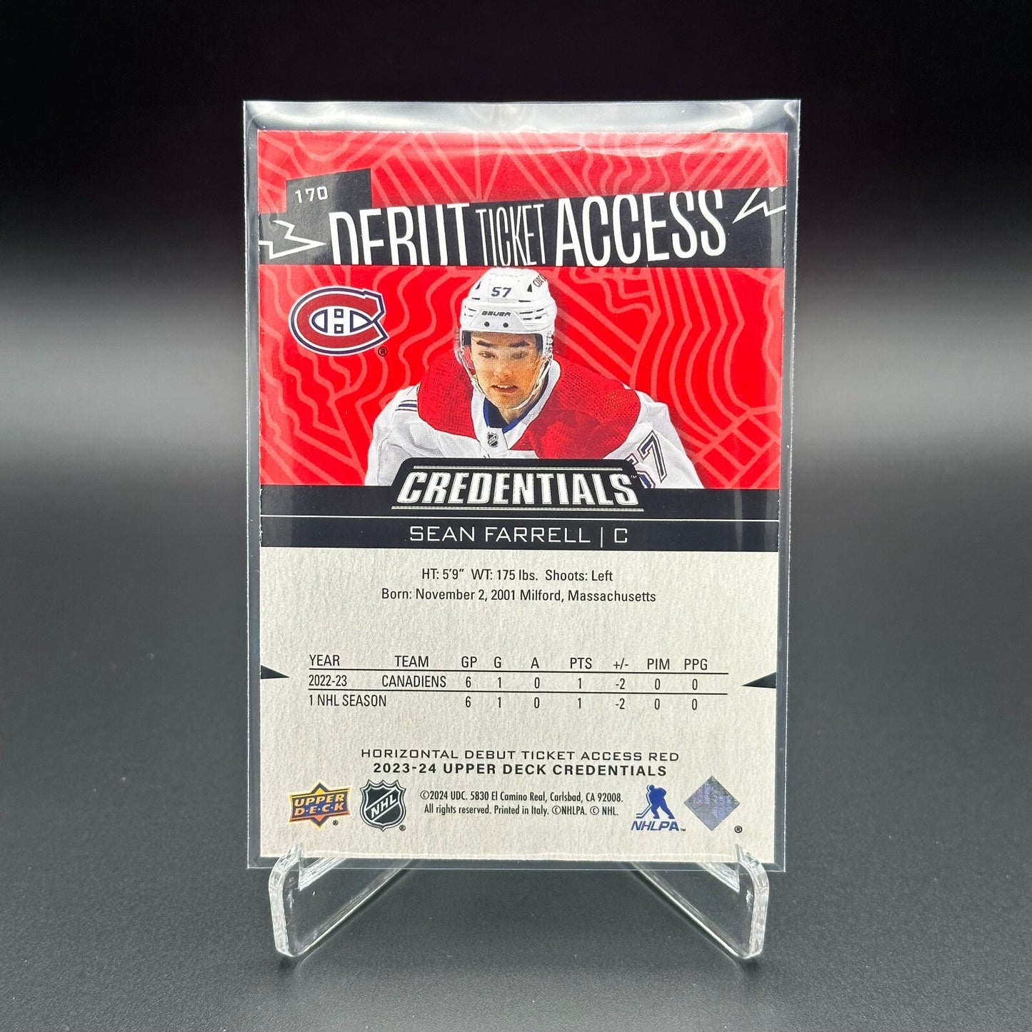 2023-24 UD Credentials SEAN FARRELL #170 Debut Ticket Access Red 109/125