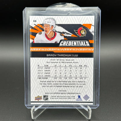 2023-24 UD Credentials BRADY TKACHUK #66 Orange /249 - Ottawa Senators