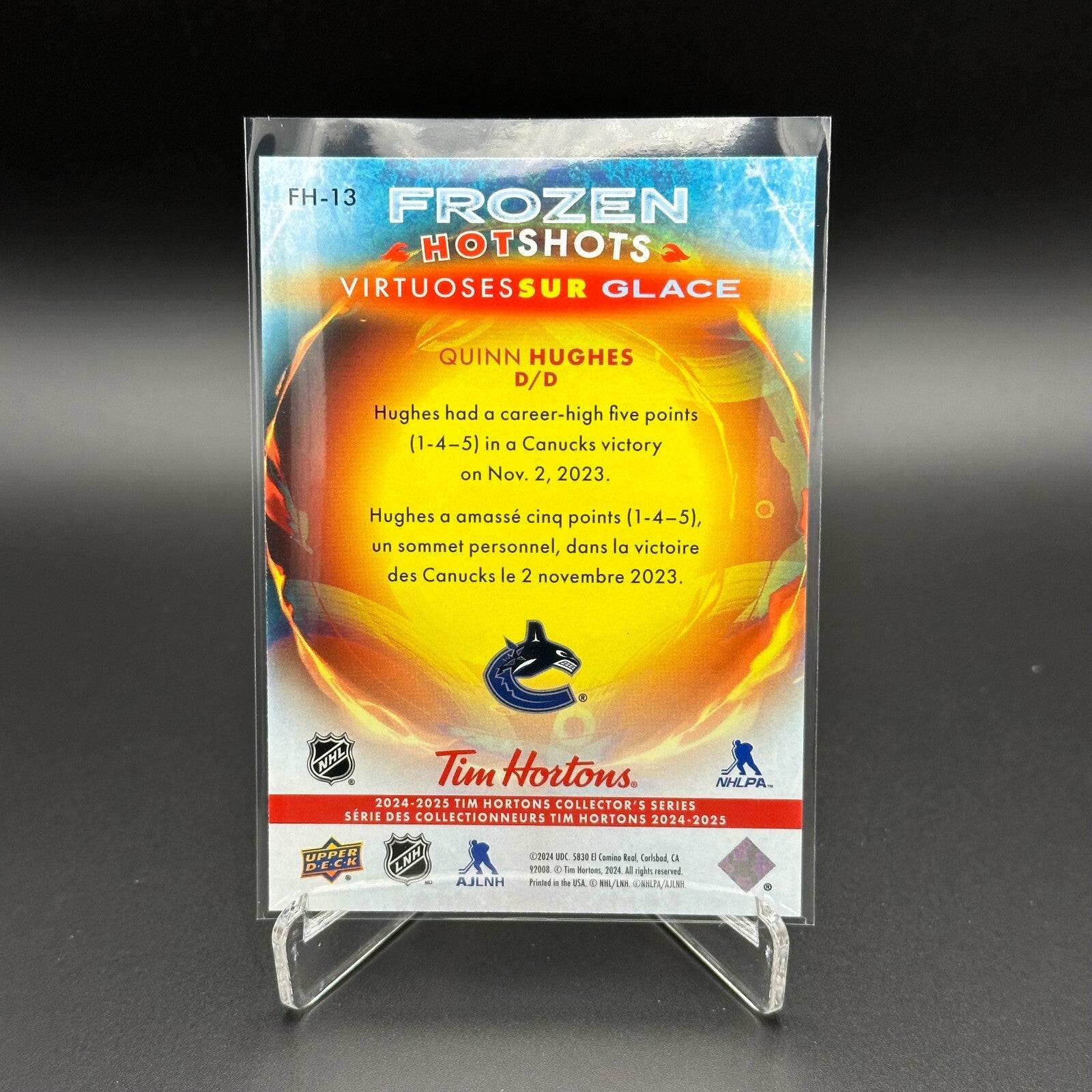 2024-25 UD Tim Hortons QUINN HUGHES #FH-13 Frozen hot shots - Vancouver Canucks