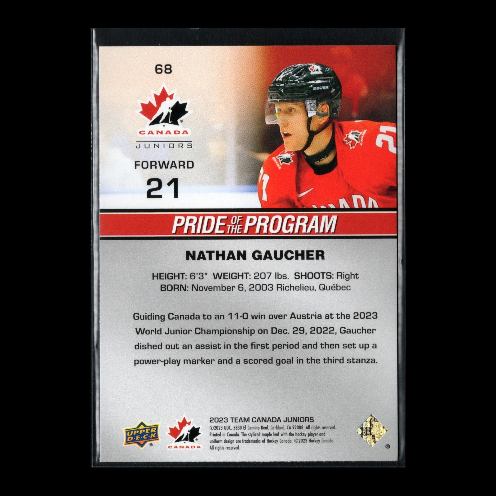 2023 Upper Deck Team Canada Juniors NATHAN GAUCHER #68 Pride of the program