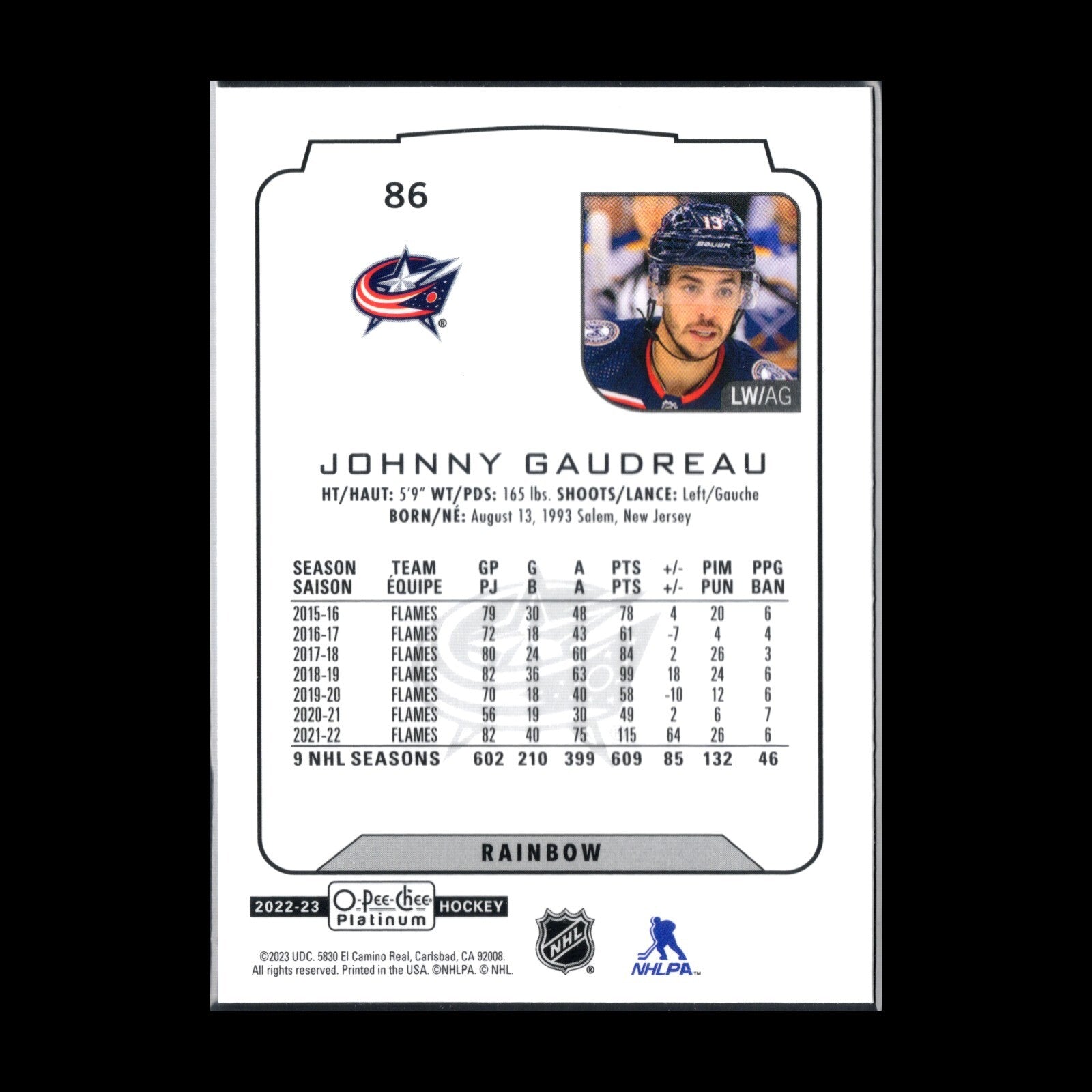 2022-23 O-Pee-Chee Platinum JOHNNY GAUDREAU #86 Rainbow - Columbus Blue Jackets