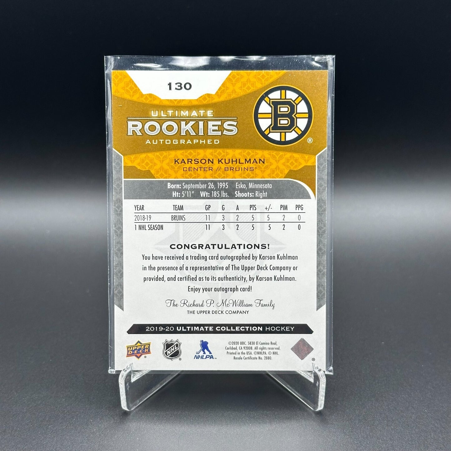 2019-20 UD Ultimate Collection KARSON KUHLMAN #130 Rookies Autographed /299