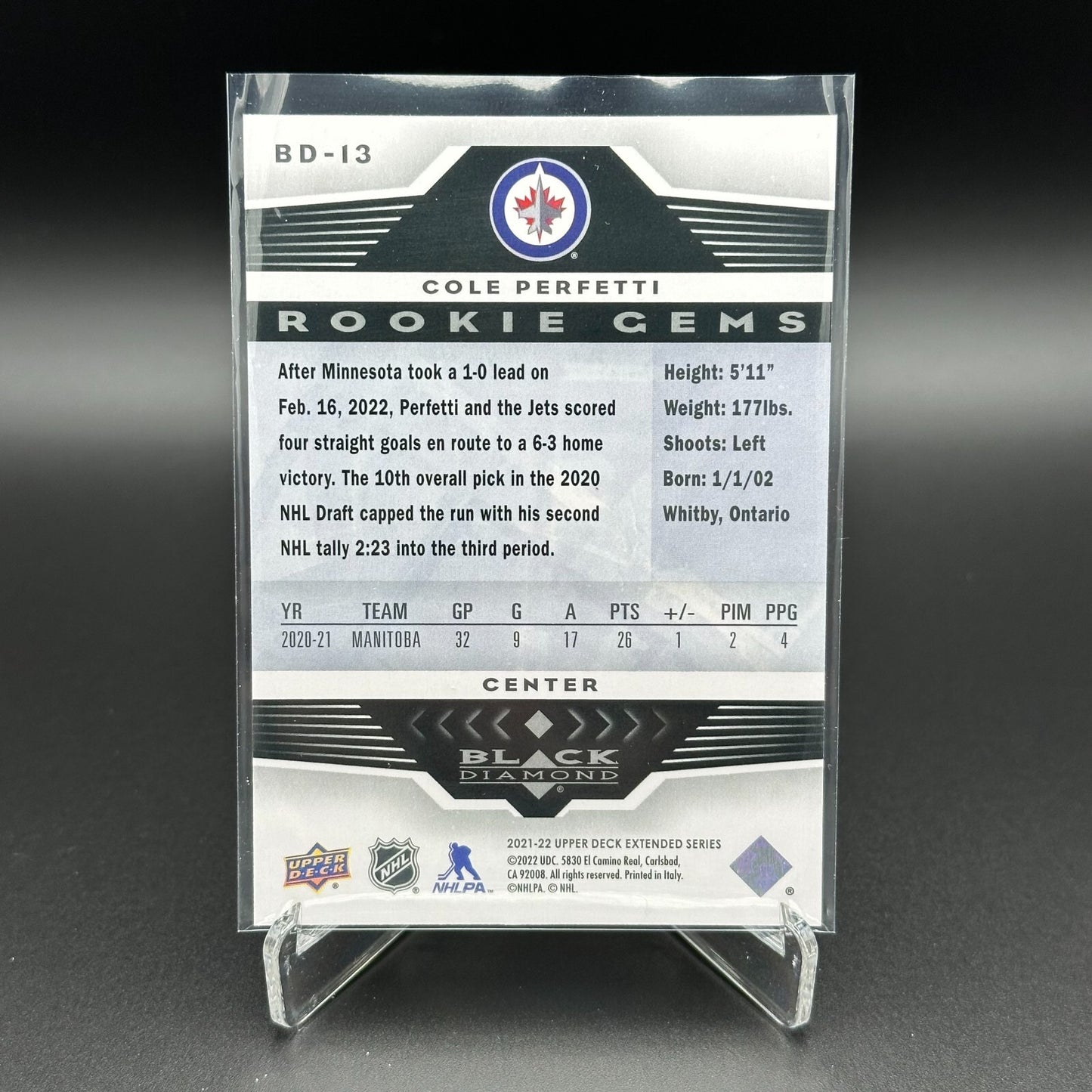 2021-22 UD Extended series COLE PERFETTI #BD-13 Black Diamond RC - Winnipeg Jets