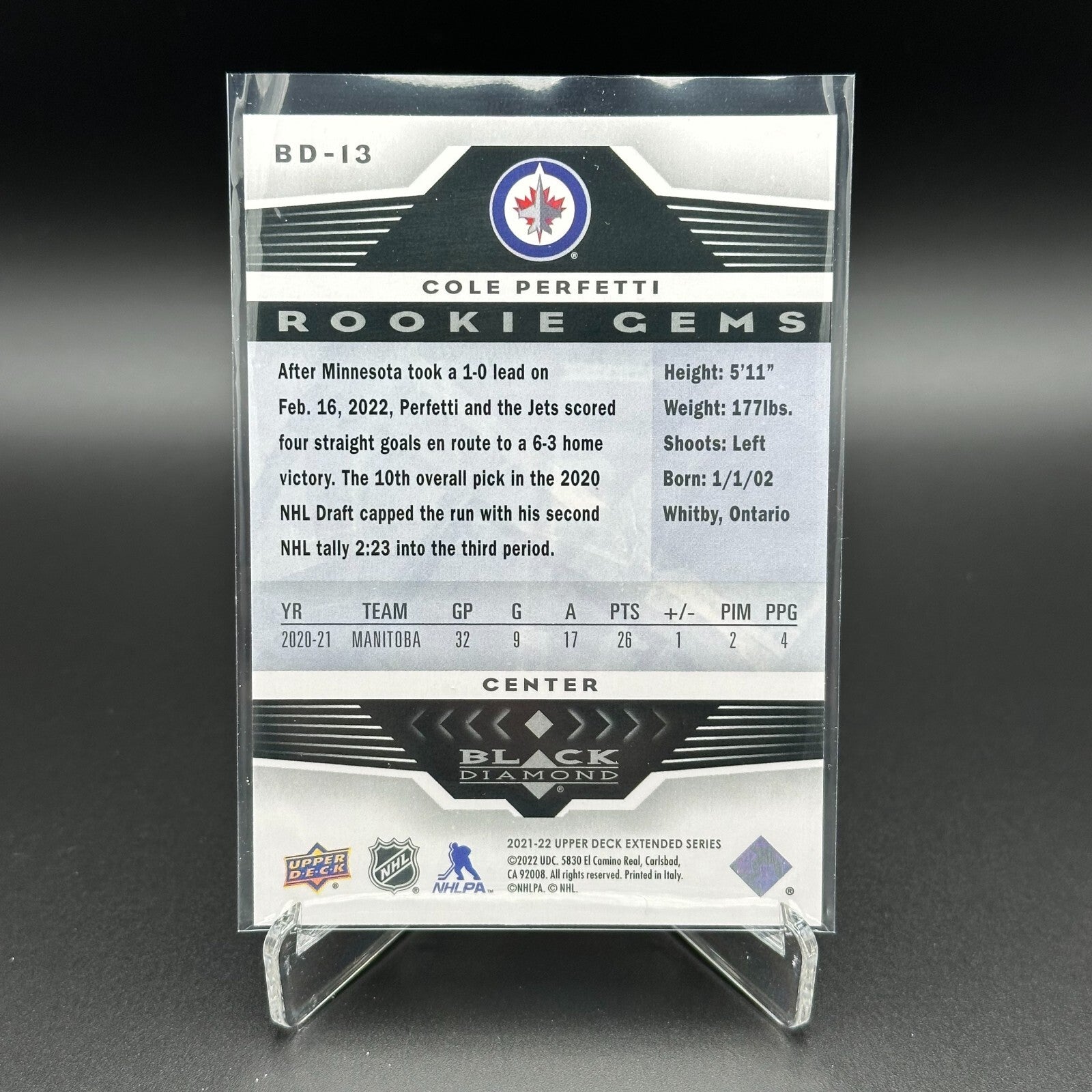2021-22 UD Extended series COLE PERFETTI #BD-13 Black Diamond RC - Winnipeg Jets
