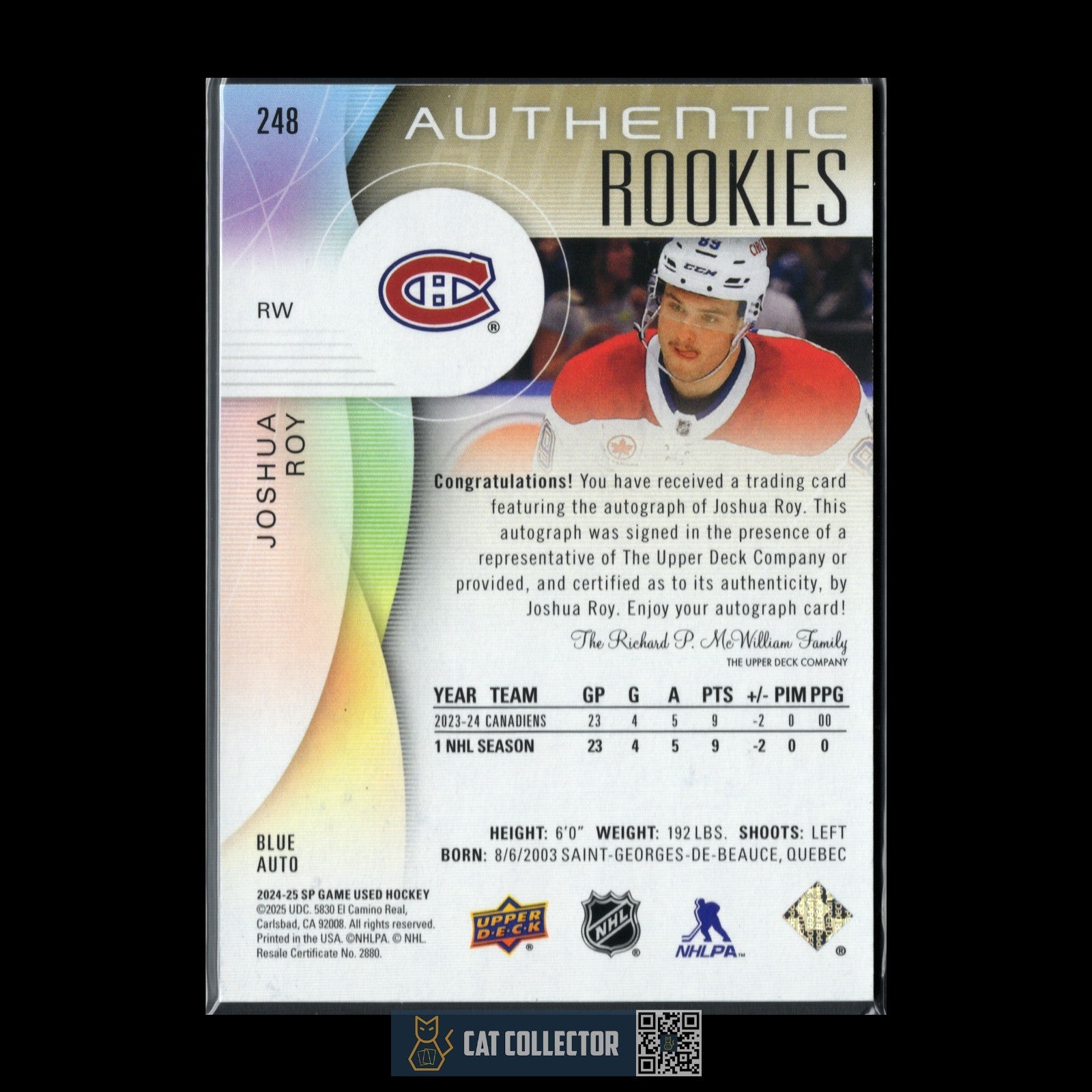 2024-25 UD SP Game Used JOSHUA ROY #248 Blue AUTO Rookie RC
