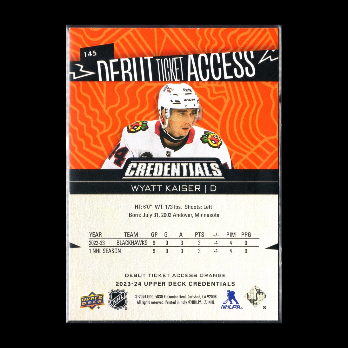 2023-24 UD Credentials WYATT KAISER #145 Debut Ticket Access Orange 186/249