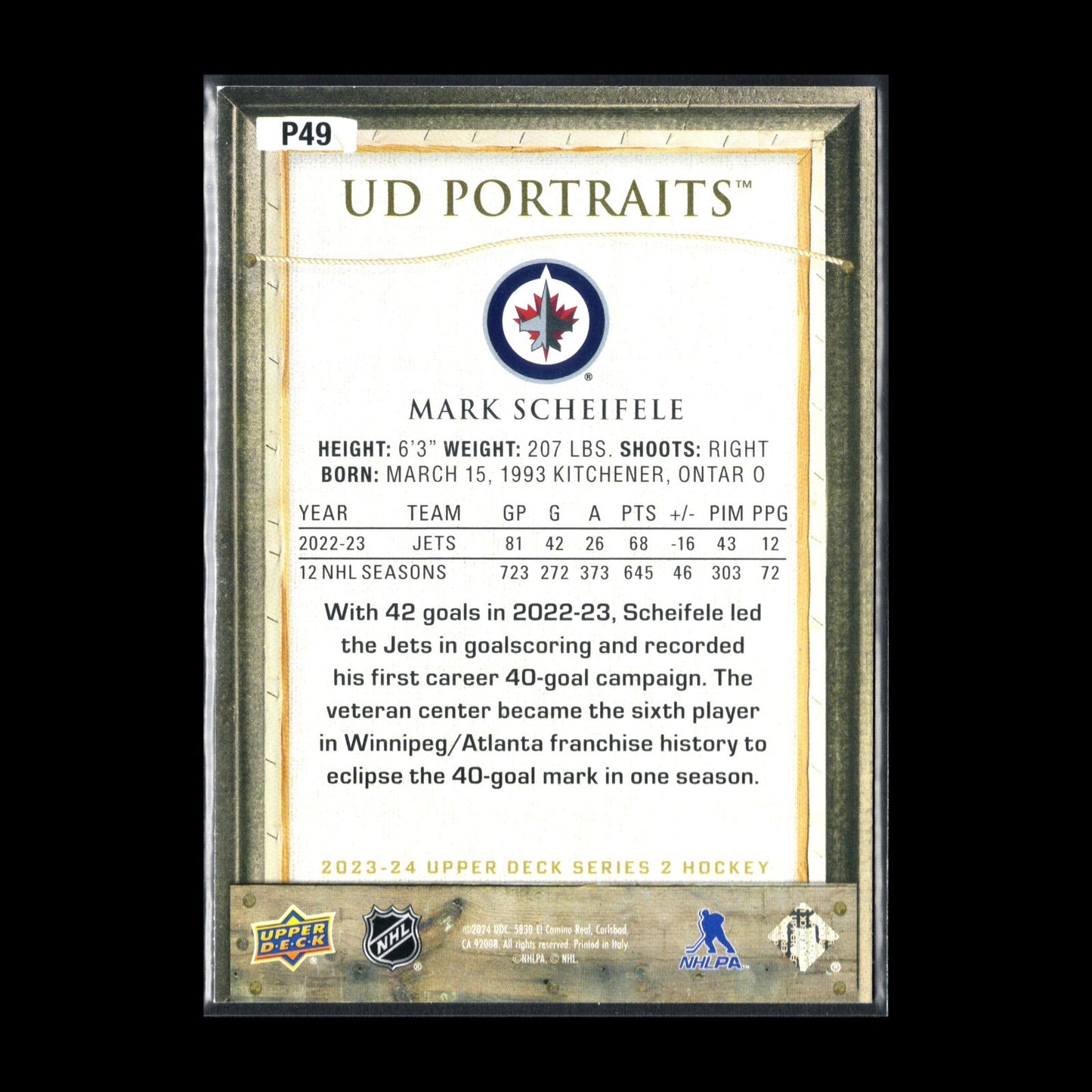 2023-24 UD Series 2 MARK SCHEIFELE #P49 UD Portraits - Winnipeg Jets
