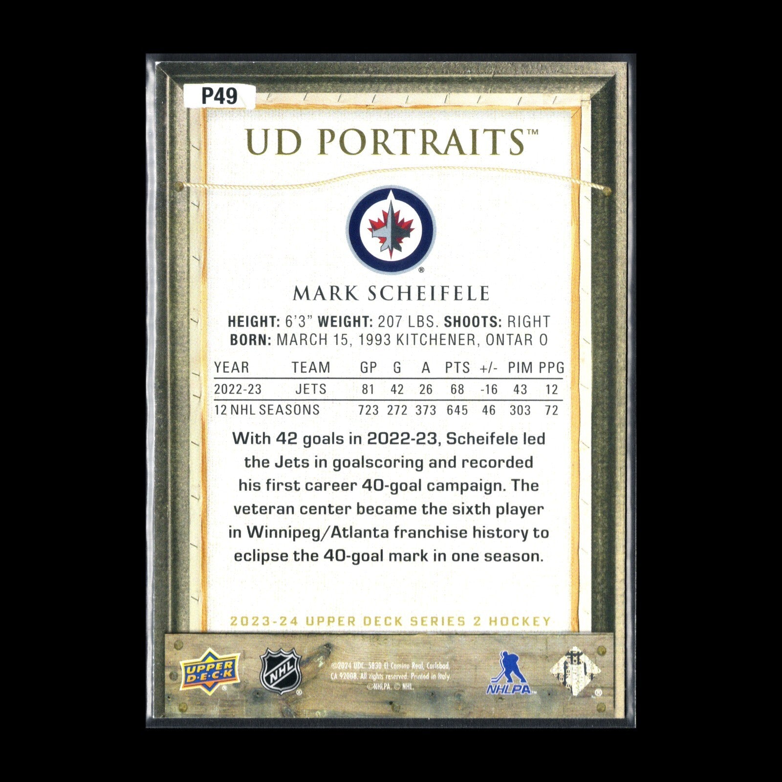 2023-24 UD Series 2 MARK SCHEIFELE #P49 UD Portraits - Winnipeg Jets