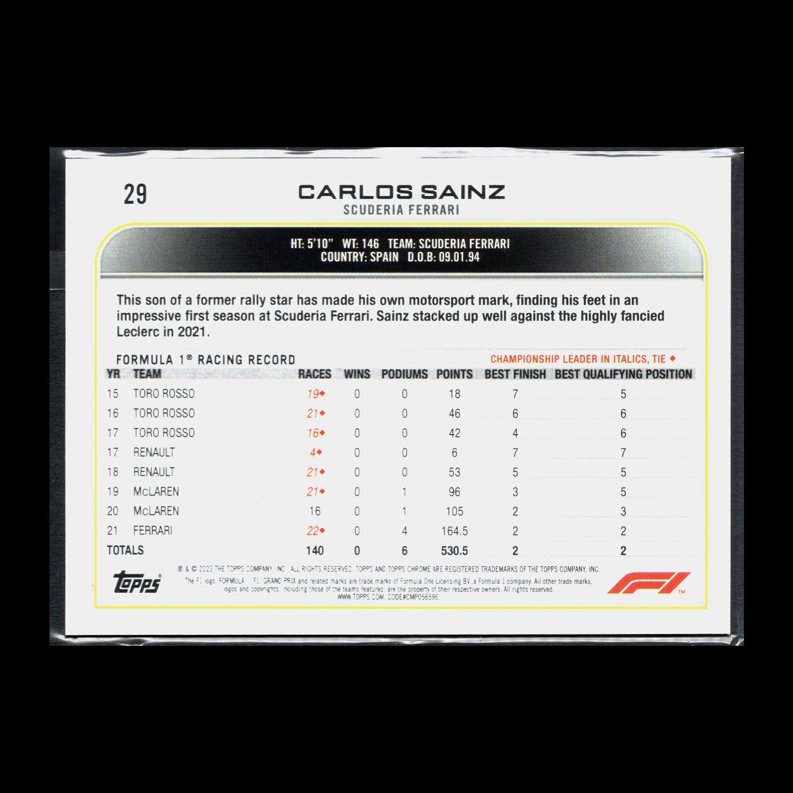 2022 Topps Chrome F1 Formula 1 CARLOS SAINZ #29 - Scuderia Ferrari