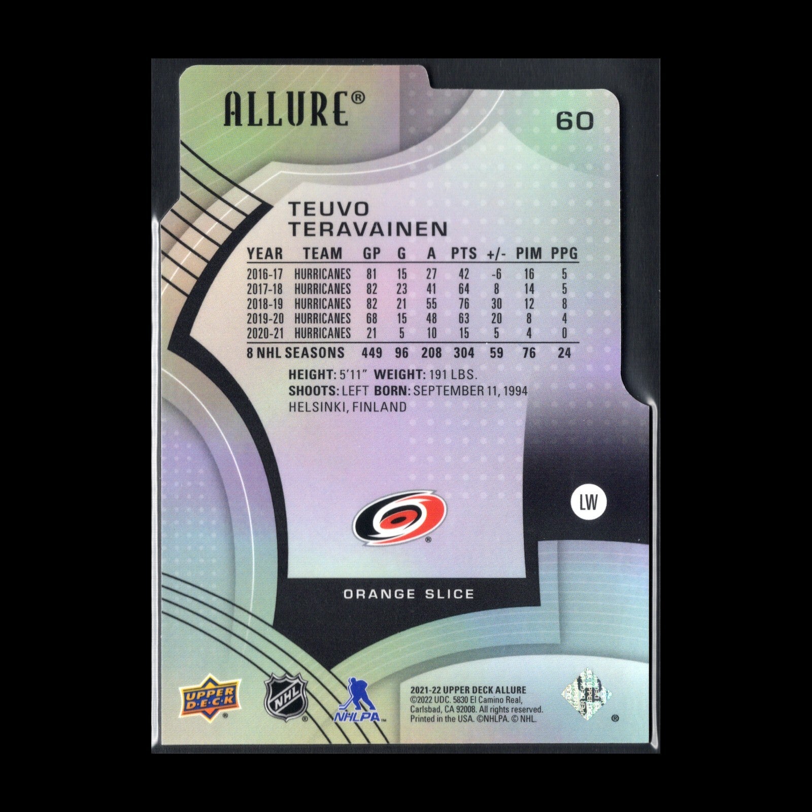 2021-22 UD Allure TEUVO TERAVAINEN #60 Orange Slice Die-Cut Carolina Hurricanes