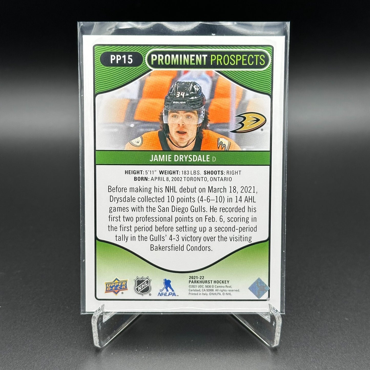 2021-22 UD Parkhurst JAMIE DRYSDALE #PP15 Prominent Prospects RC - Anaheim Ducks