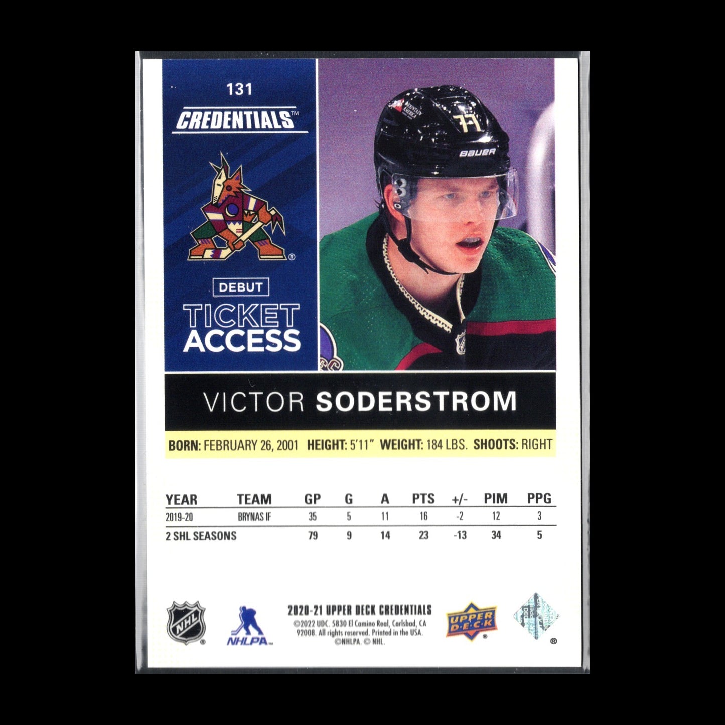 2020-21 UD Credentials VICTOR SODERSTROM #131 Debut Ticket Access Yellow RC /249