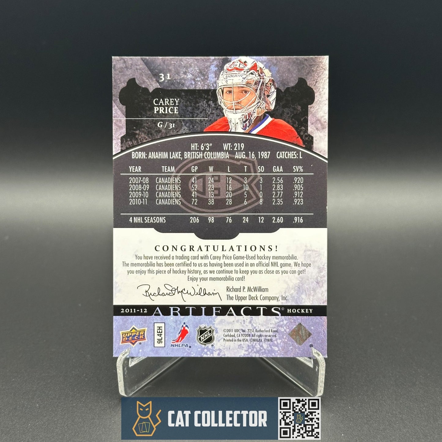 2011-12 UD Artifacts CAREY PRICE #31 Spectrum Patch /15 - Montreal Canadiens