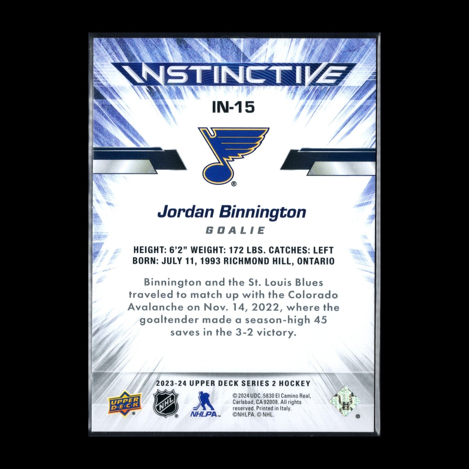2023-24 UD Series 2 JORDAN BINNINGTON #IN-15 Instinctive - St. Louis Blues