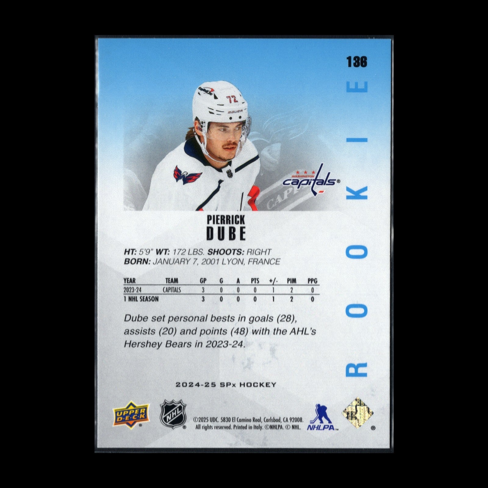 2024-25 Upper Deck SPx PIERRICK DUBE #136 Rookie RC - Washington Capitals