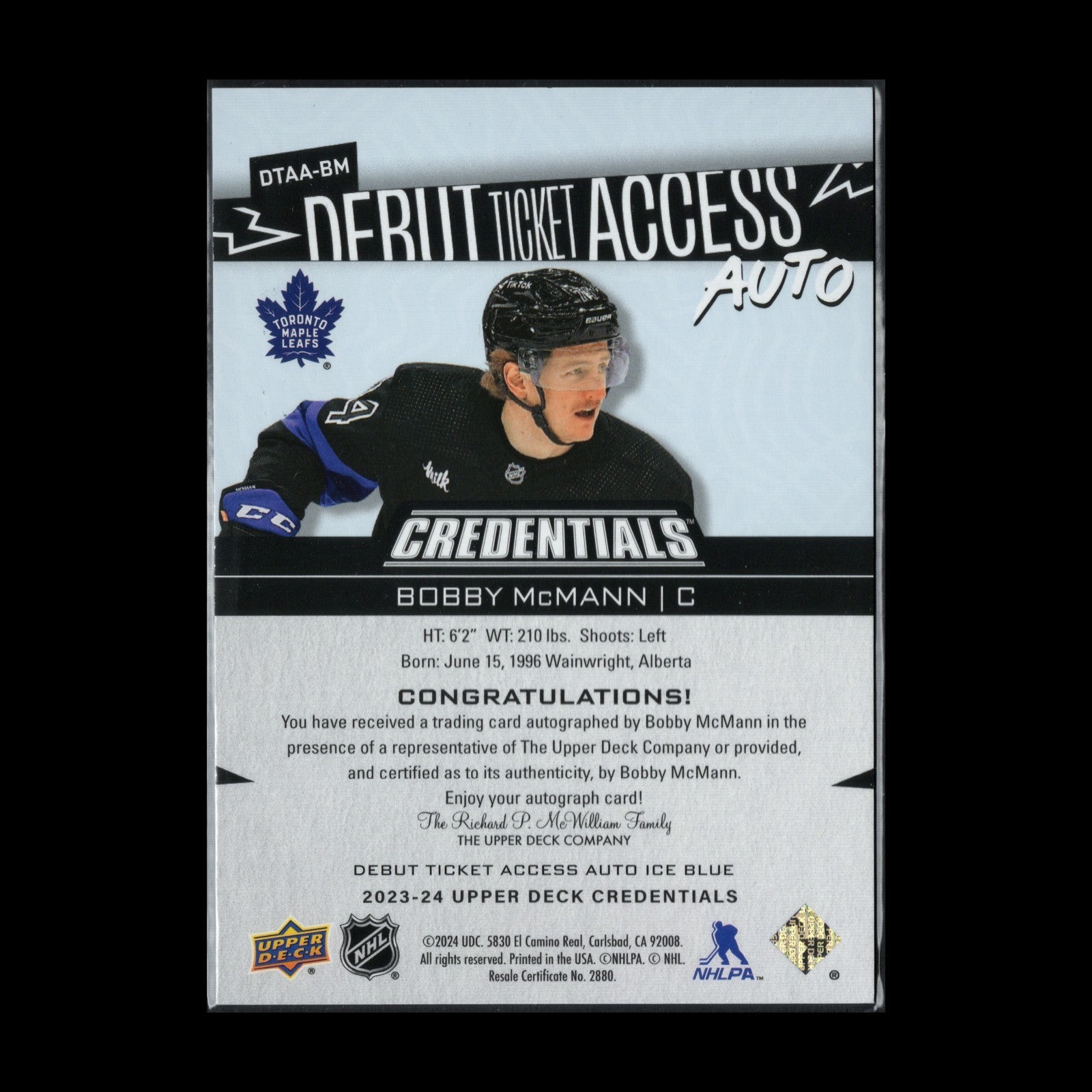 2023-24 UD Credentials BOBBY MCMANN #DTAA-BM Debut Ticket Access Ice Blue /299