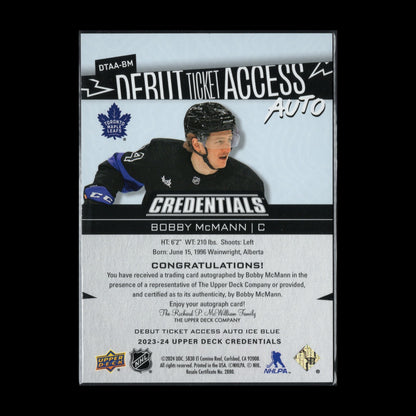2023-24 UD Credentials BOBBY MCMANN #DTAA-BM Debut Ticket Access Ice Blue /299