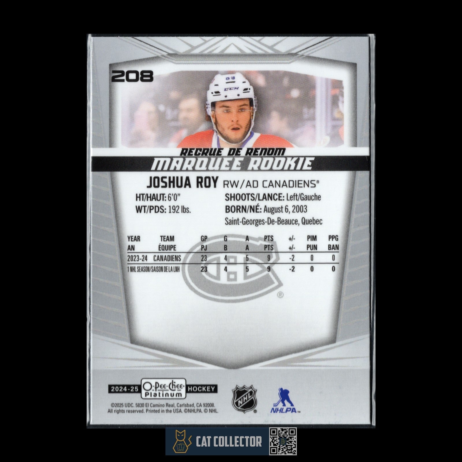 2024-25 O-Pee-Chee Platinum JOSHUA ROY #208 Marquee Rookie RC